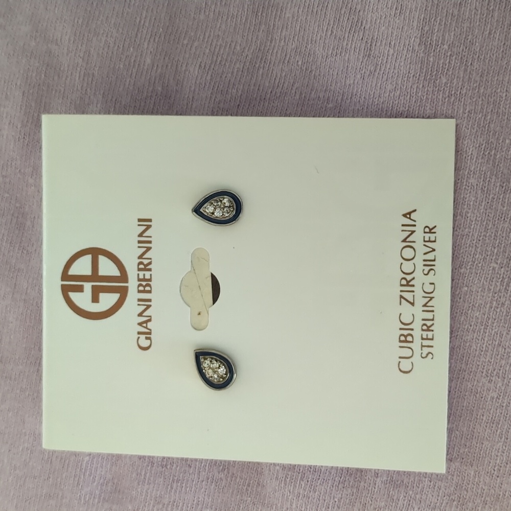 Pear shaped sterling silver post earrings with cubic zirconia and blue enamel